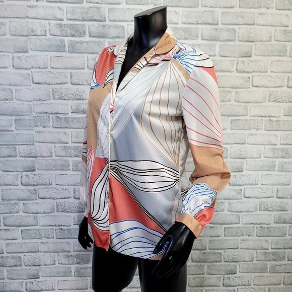 Vintage 70s Vera Neumann Abstract Sheer Blouse Shirt Button Up USA Antron Nylon - Picture 3 of 7